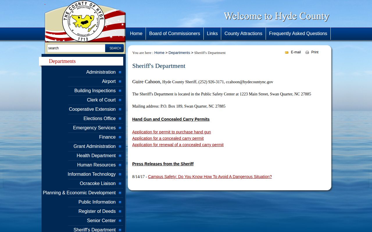 Hyde County Sheriff official department and booking-record contact page