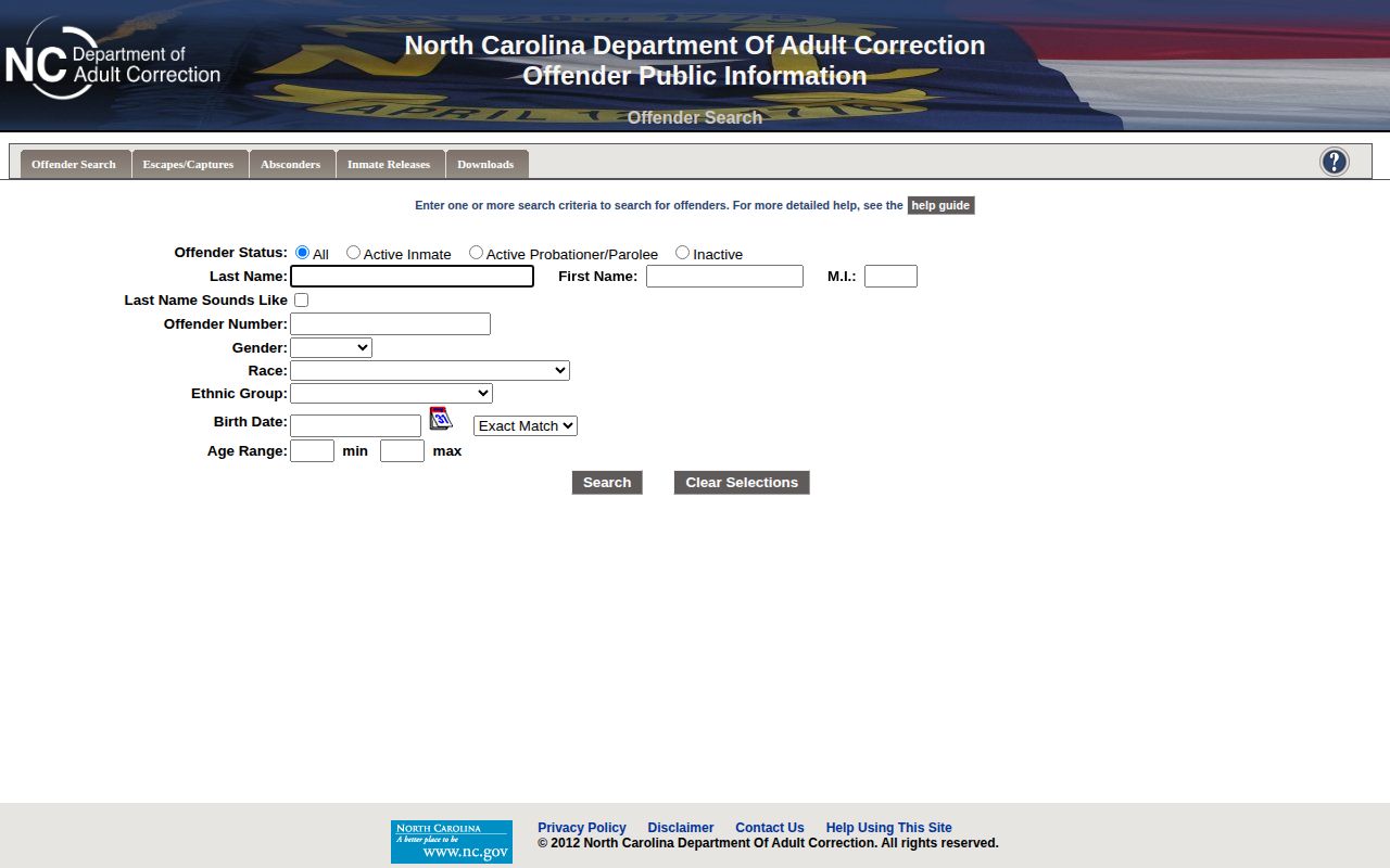 North Carolina state offender search for state custody records, separate from Hyde County Jail